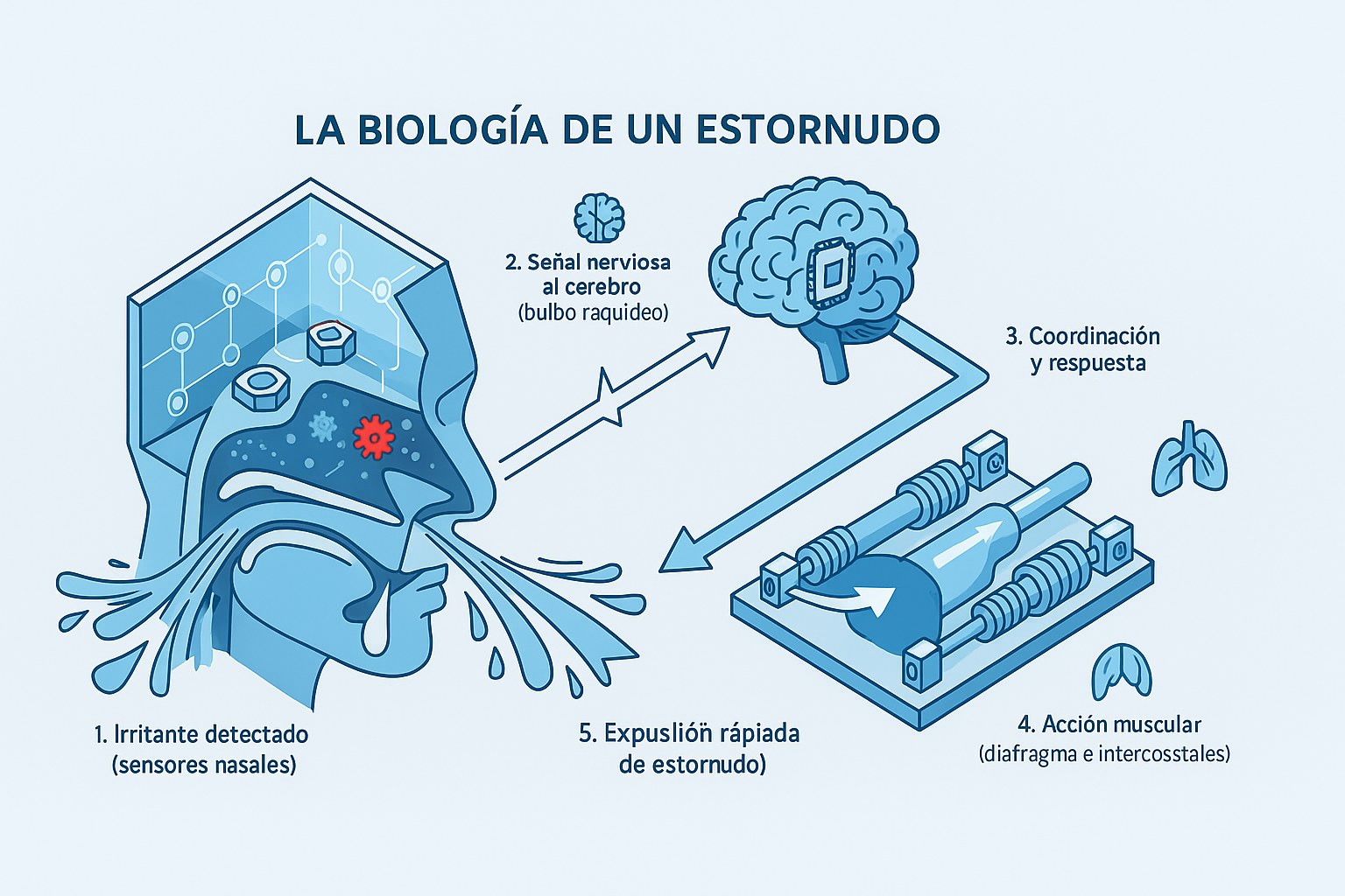 Infografia del mecanismo biologico de un estornudo humano