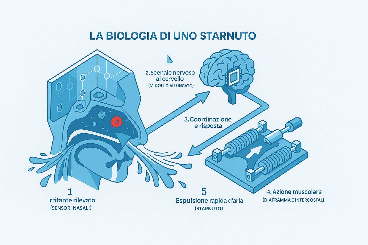 Illustrazione del meccanismo biologico di uno starnuto umano