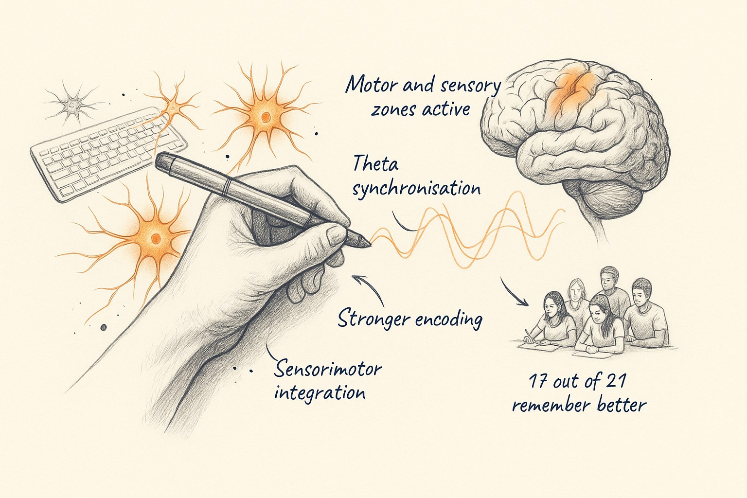 Sketch showing how handwriting fires up brain zones, theta waves and memory, with pupils remembering better