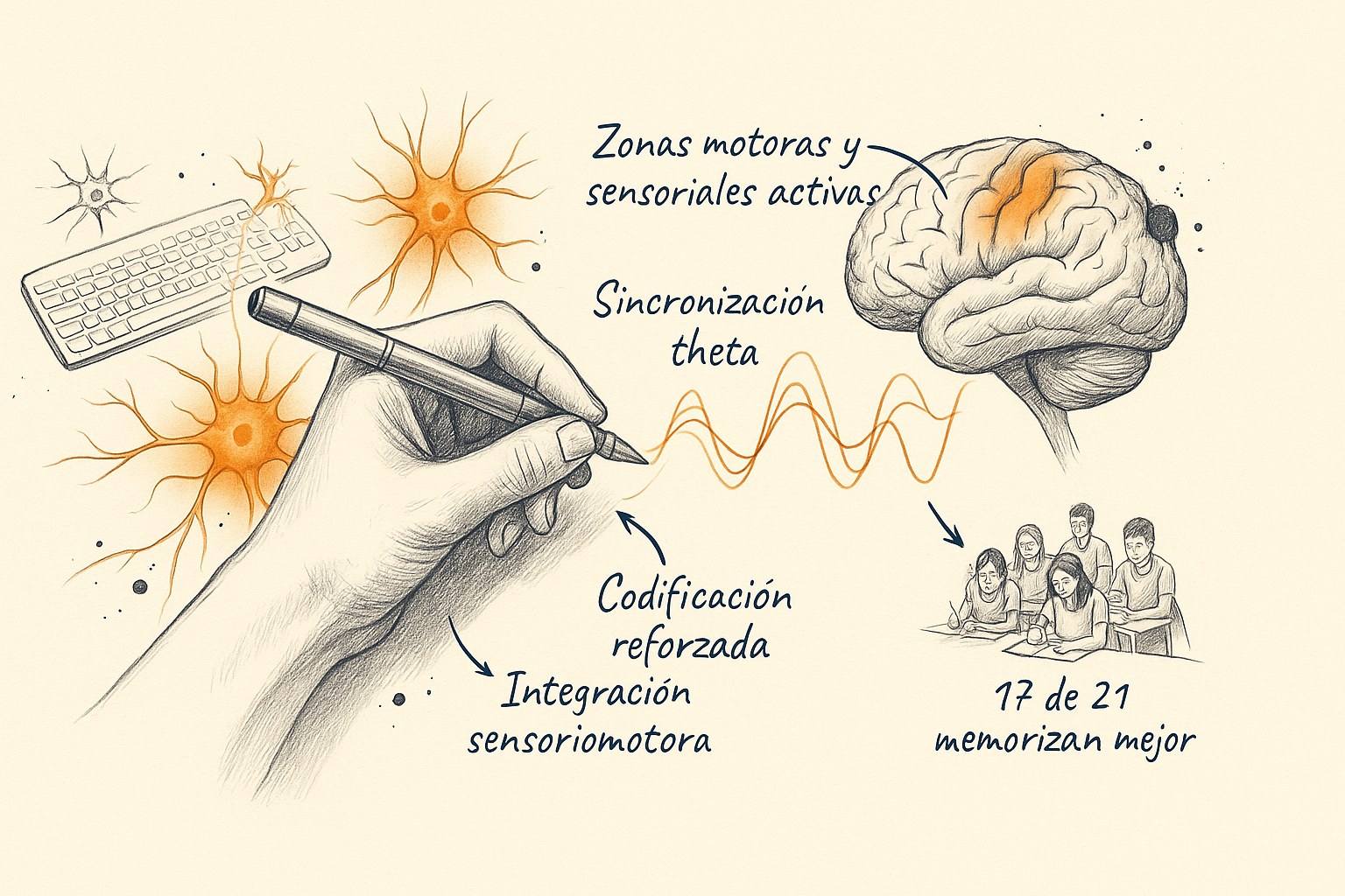 Representación artística de las conexiones neuronales activadas por la escritura a mano