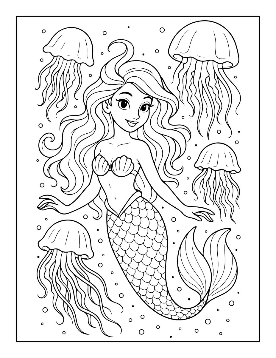 Disegno di sirena principessa con capelli lunghi, meduse e bolle da stampare