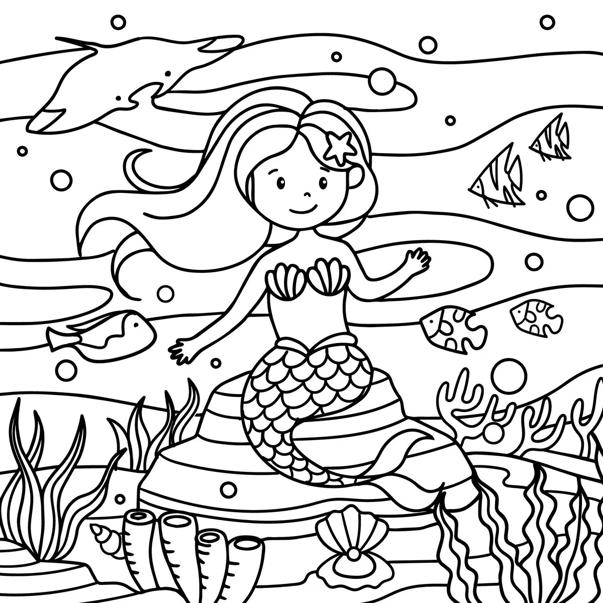 Disegno di sirena su uno scoglio con un delfino, coralli e alghe da stampare