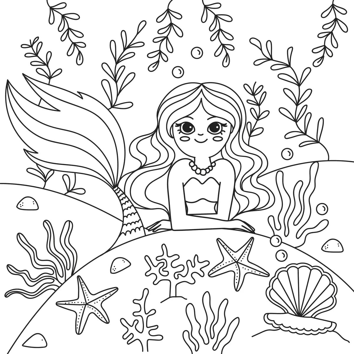 Disegno di sirena appoggiata a uno scoglio con stelle marine, una conchiglia e alghe da stampare