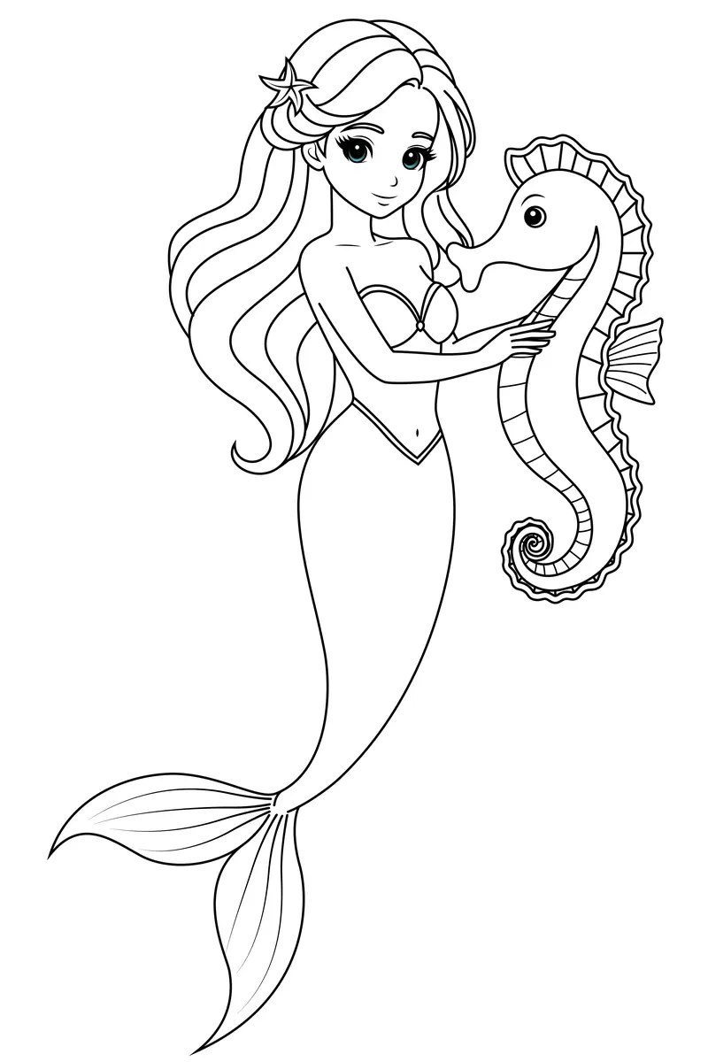 Disegno di sirena dai capelli lunghi con un amico cavalluccio marino e una coda elegante da stampare