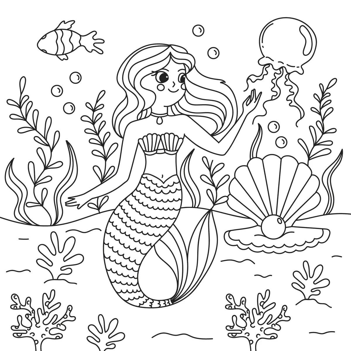 Disegno di sirena con una conchiglia aperta con perla, una medusa e alghe da stampare
