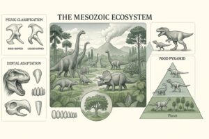 Infographic of the Mesozoic ecosystem: herbivore dominance, pelvic classification and food pyramid