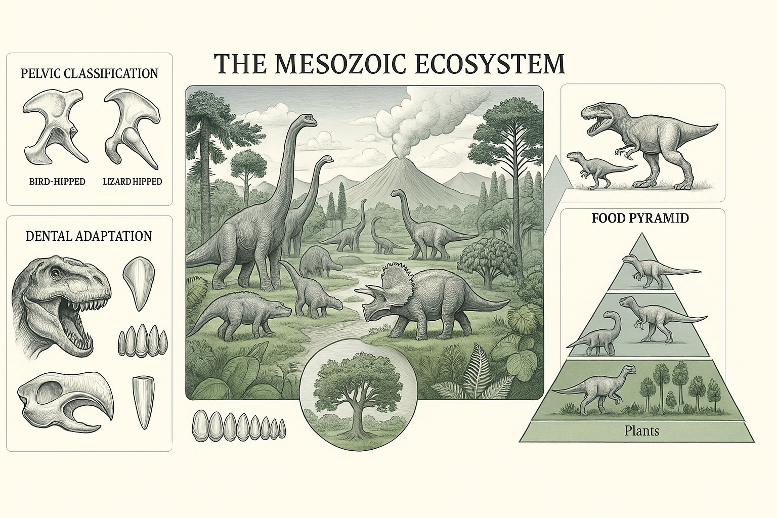 Herd of plant-eating dinosaurs in a lush Mesozoic plain