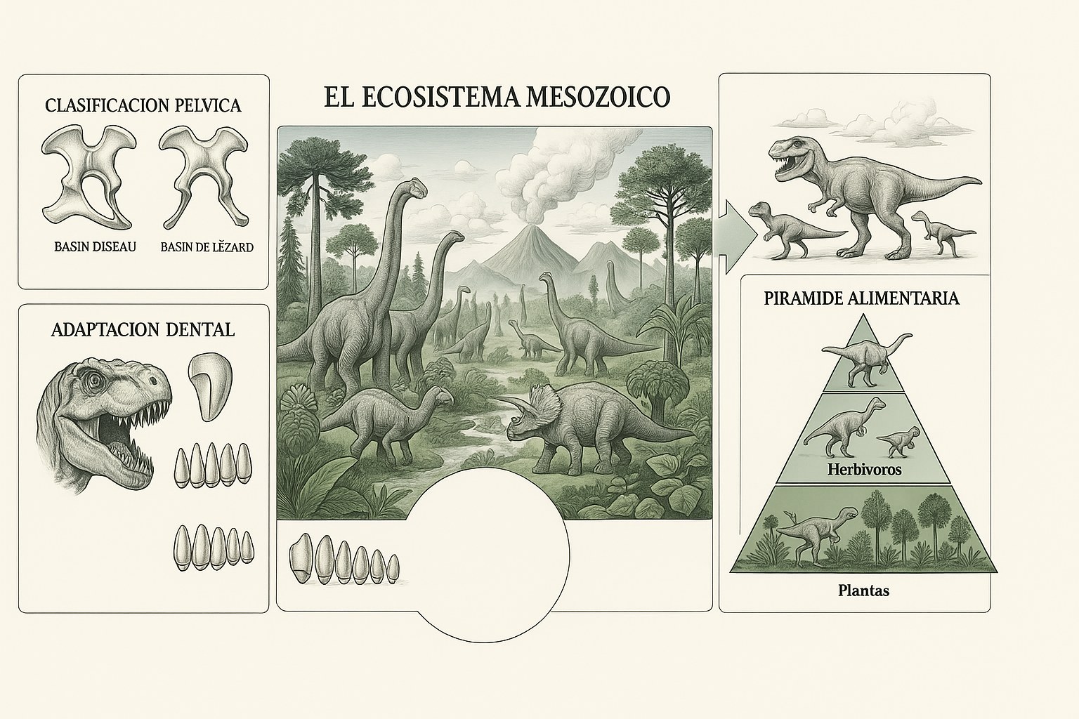 Infografia del ecosistema mesozoico: dominio herbivoro, clasificacion pelvica y piramide alimentaria