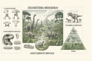 Infografica dell'ecosistema mesozoico: dominio erbivoro, classificazione pelvica e piramide alimentare