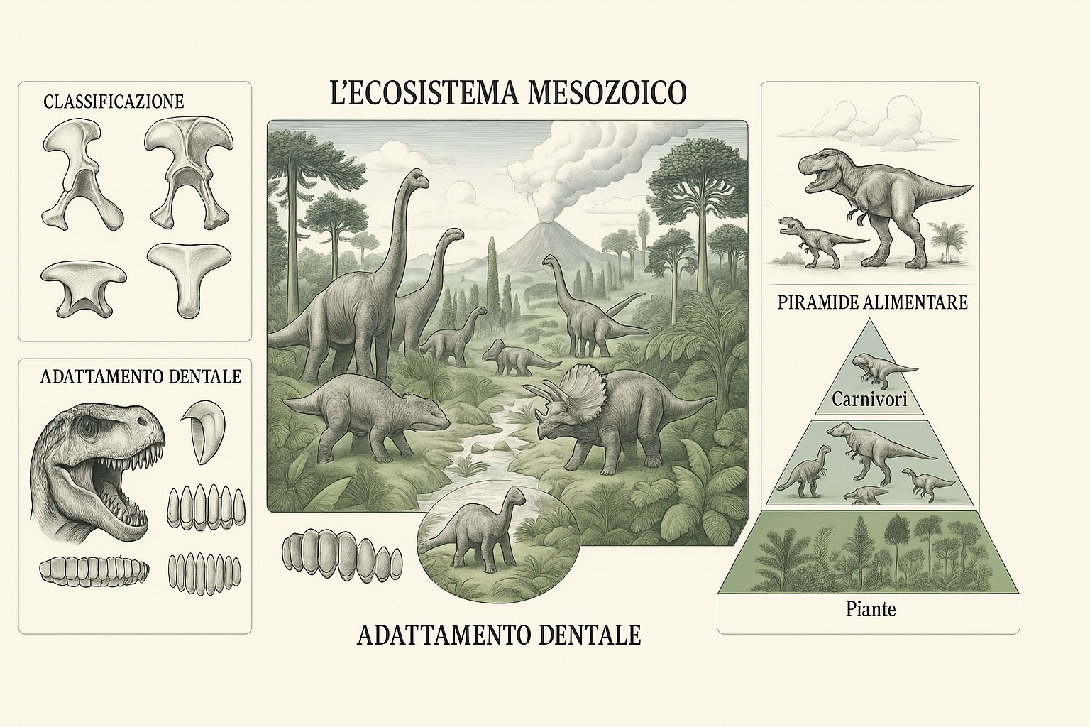 Infografica dell'ecosistema mesozoico: dominio erbivoro, classificazione pelvica e piramide alimentare