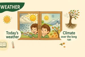 Educational illustration explaining the difference between daily weather and global climate for children