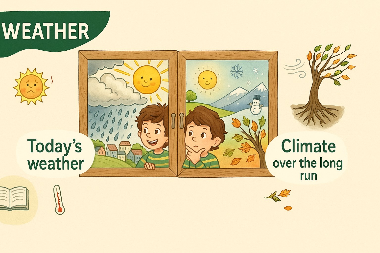 Educational illustration explaining the difference between daily weather and global climate for children