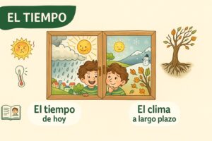 Ilustración educativa que explica la diferencia entre el tiempo diario y el clima global para niños