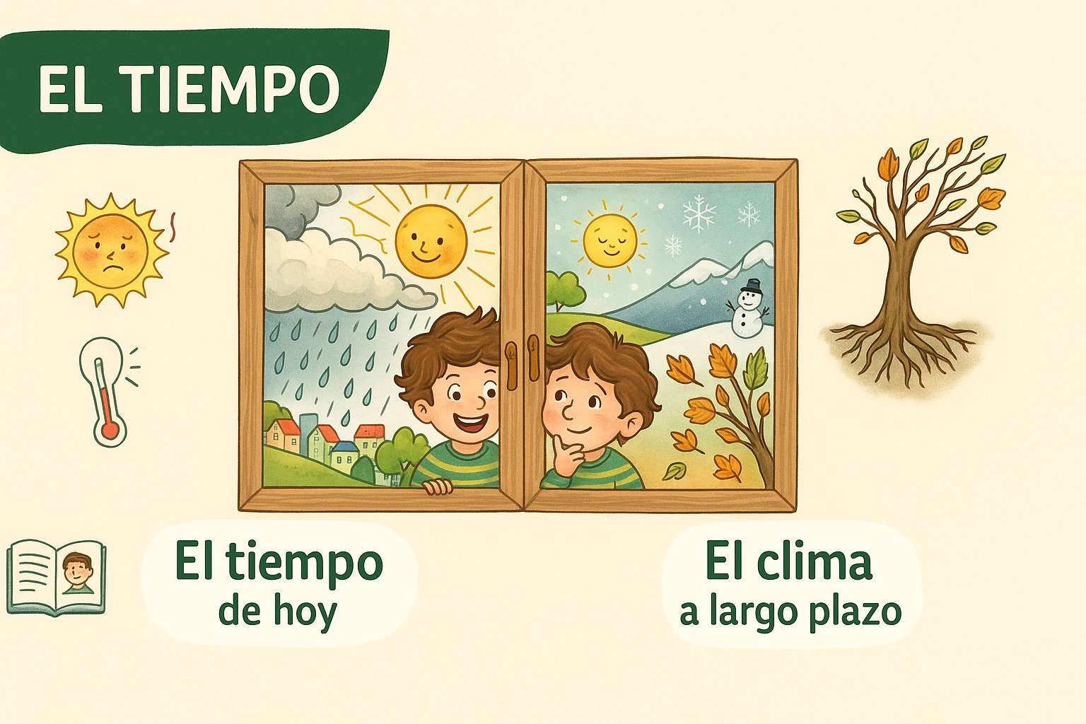Ilustración educativa que explica la diferencia entre el tiempo diario y el clima global para niños