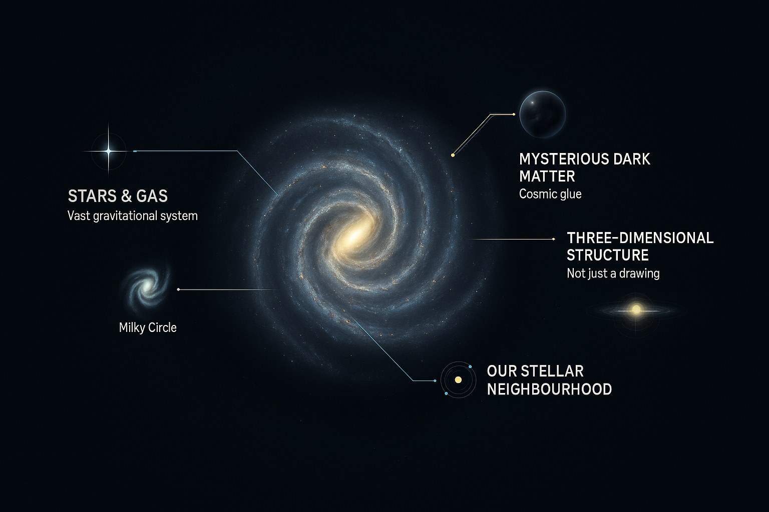 Infographic of the Milky Way spiral galaxy showing stars, gas and dark matter