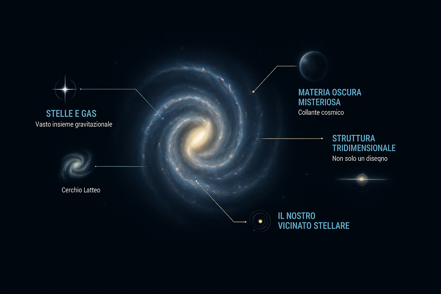 Infografica della galassia a spirale Via Lattea con stelle, gas e materia oscura