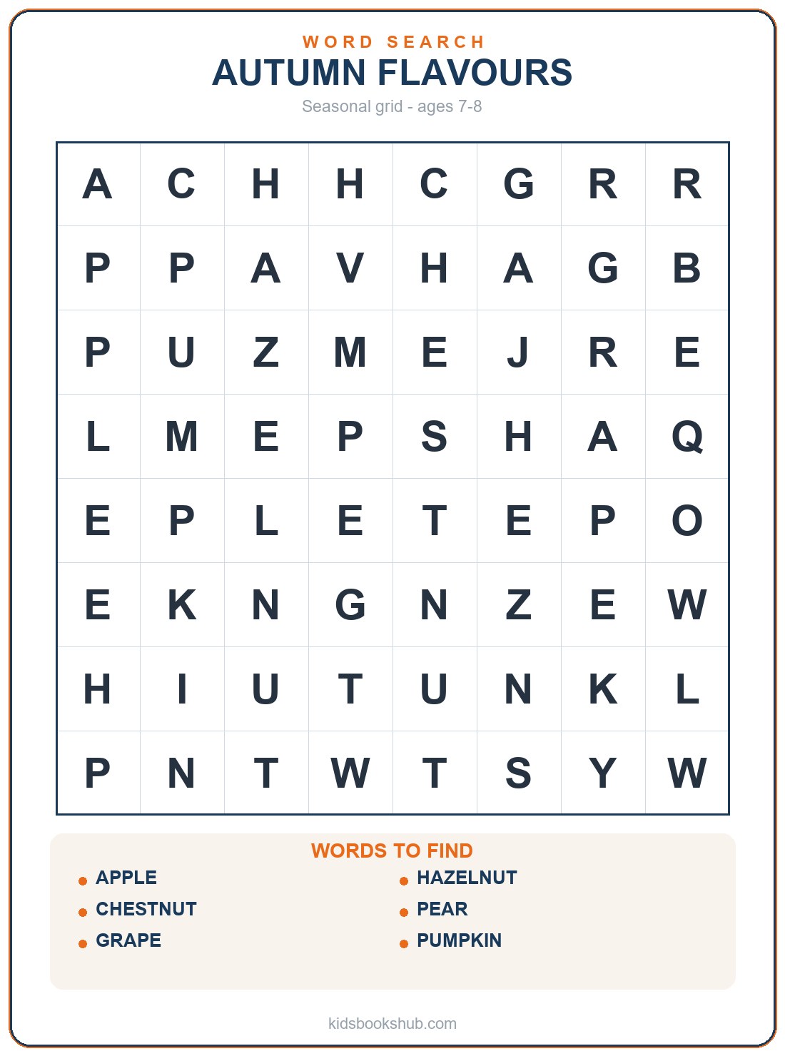 Printable autumn fruit and vegetable word search grid
