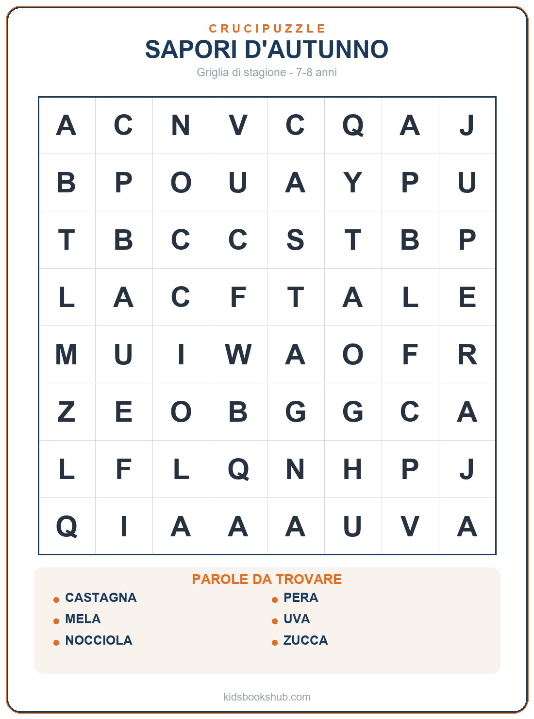 Crucipuzzle della frutta e verdura d'autunno da stampare