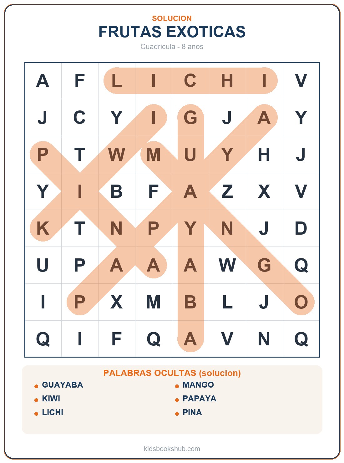 Solución de la sopa de letras de frutas exóticas