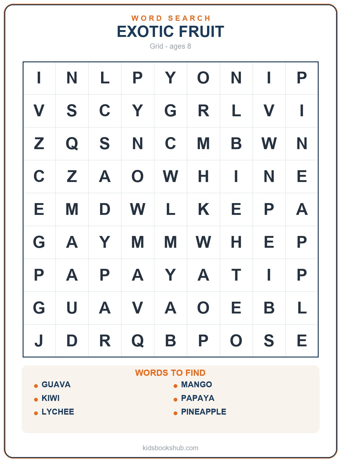 Printable exotic fruit word search grid