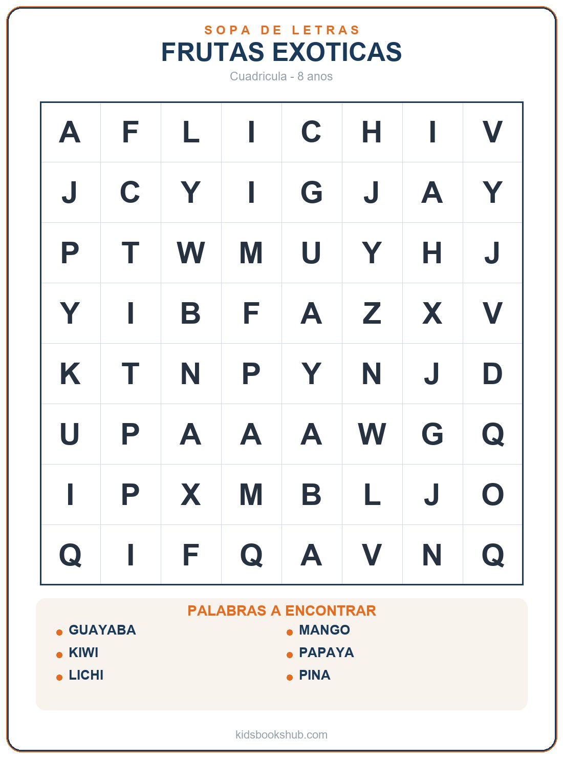 Sopa de letras de frutas exóticas para imprimir