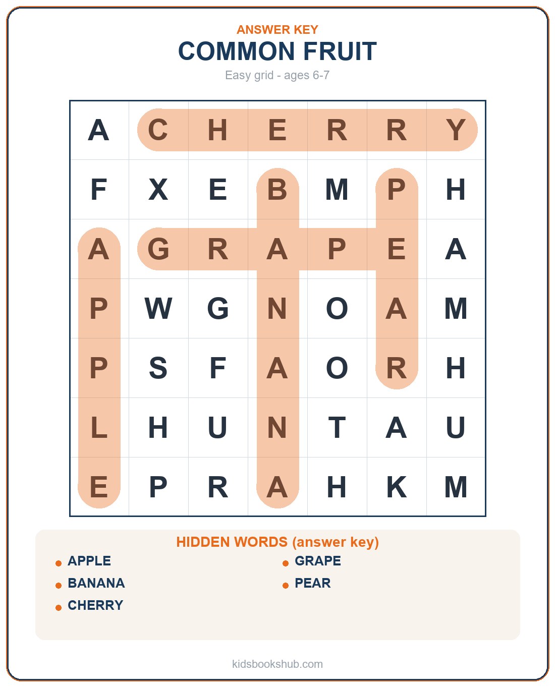 Common fruit word search answer key (apple, pear, banana)