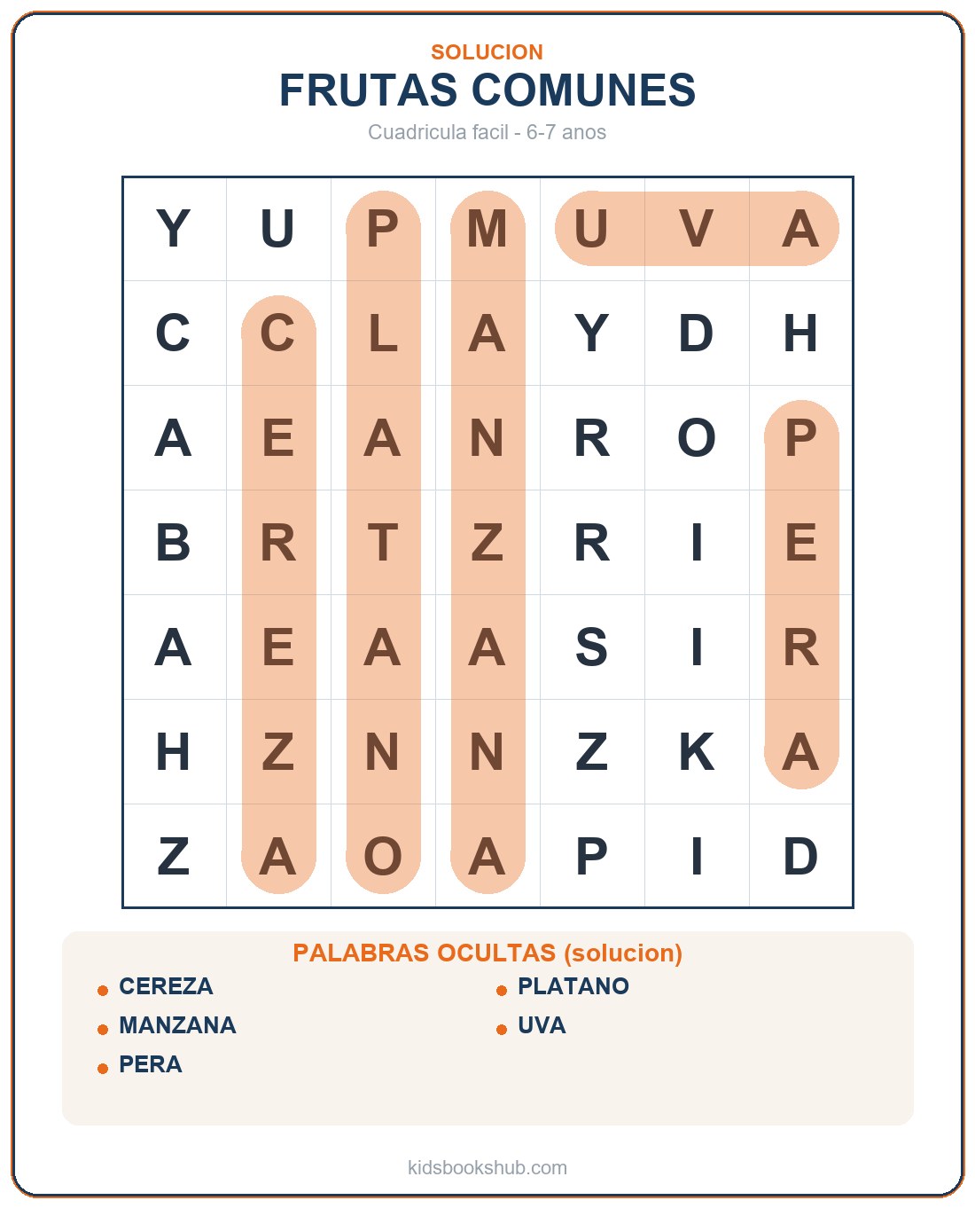 Solución de la sopa de letras de frutas comunes (manzana, pera, plátano)