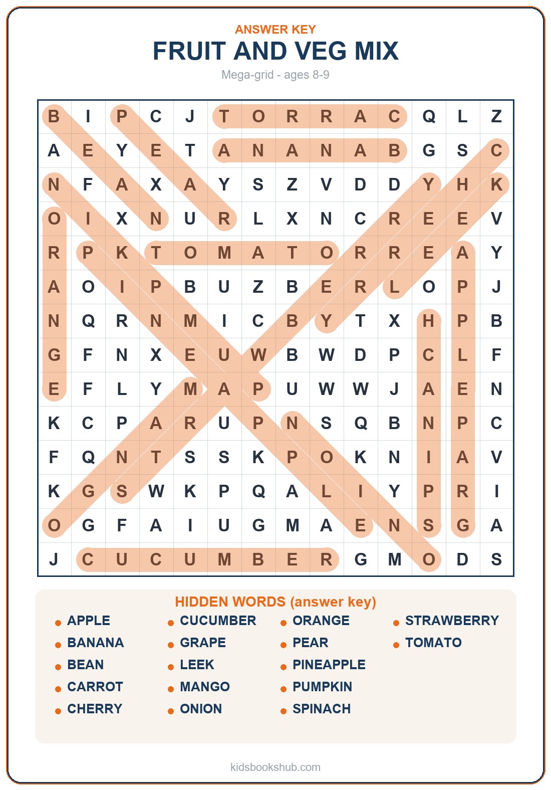 Large fruit and vegetable word search answer key (17 words)