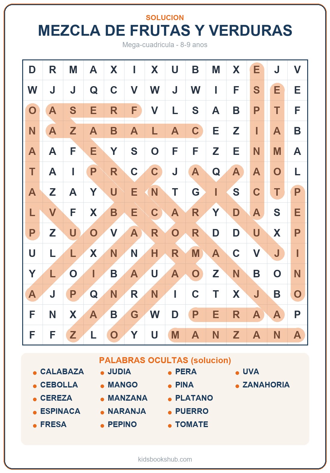 Solución de la gran sopa de letras de frutas y verduras (17 palabras)