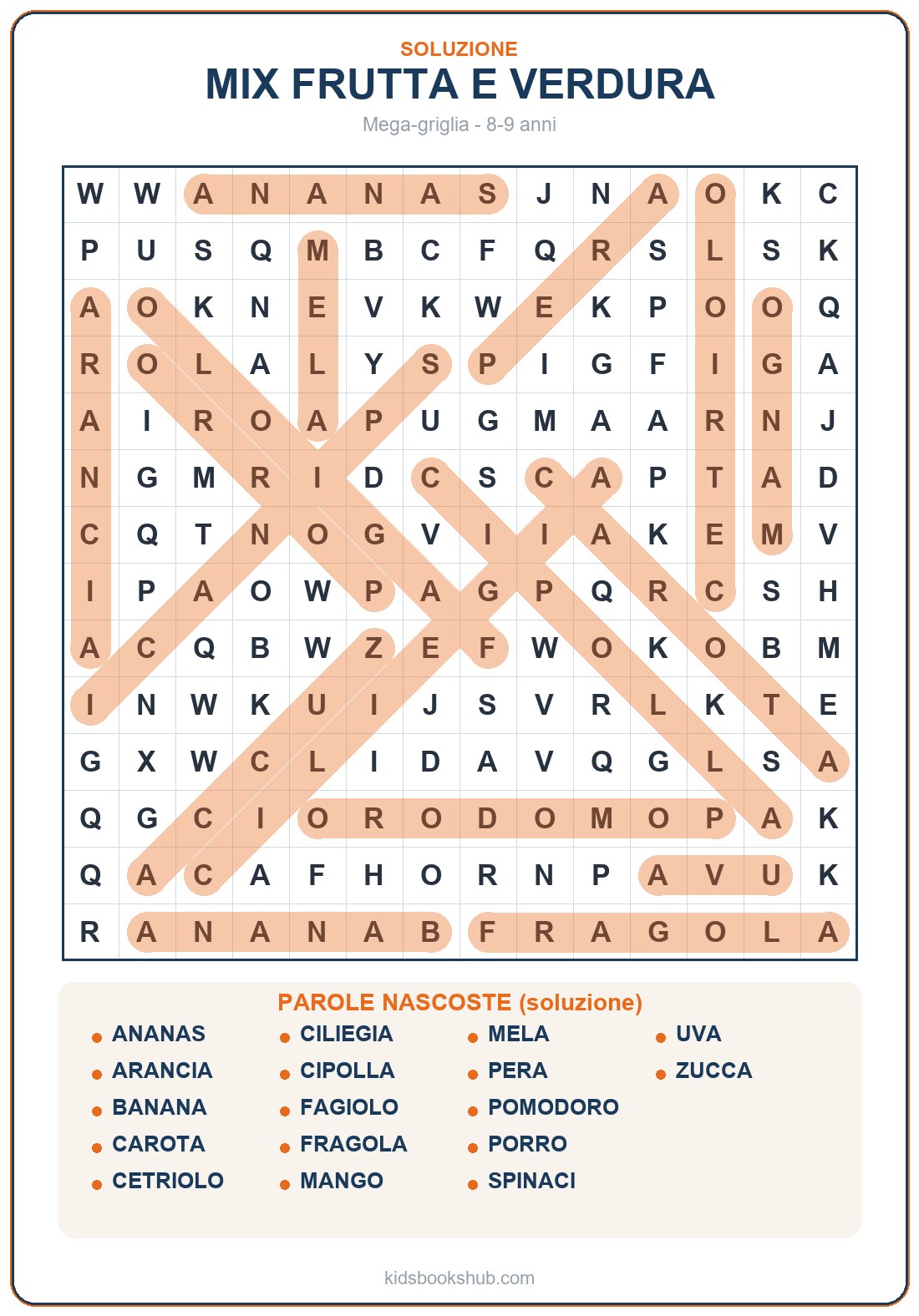 Soluzione del grande crucipuzzle di frutta e verdura (17 parole)