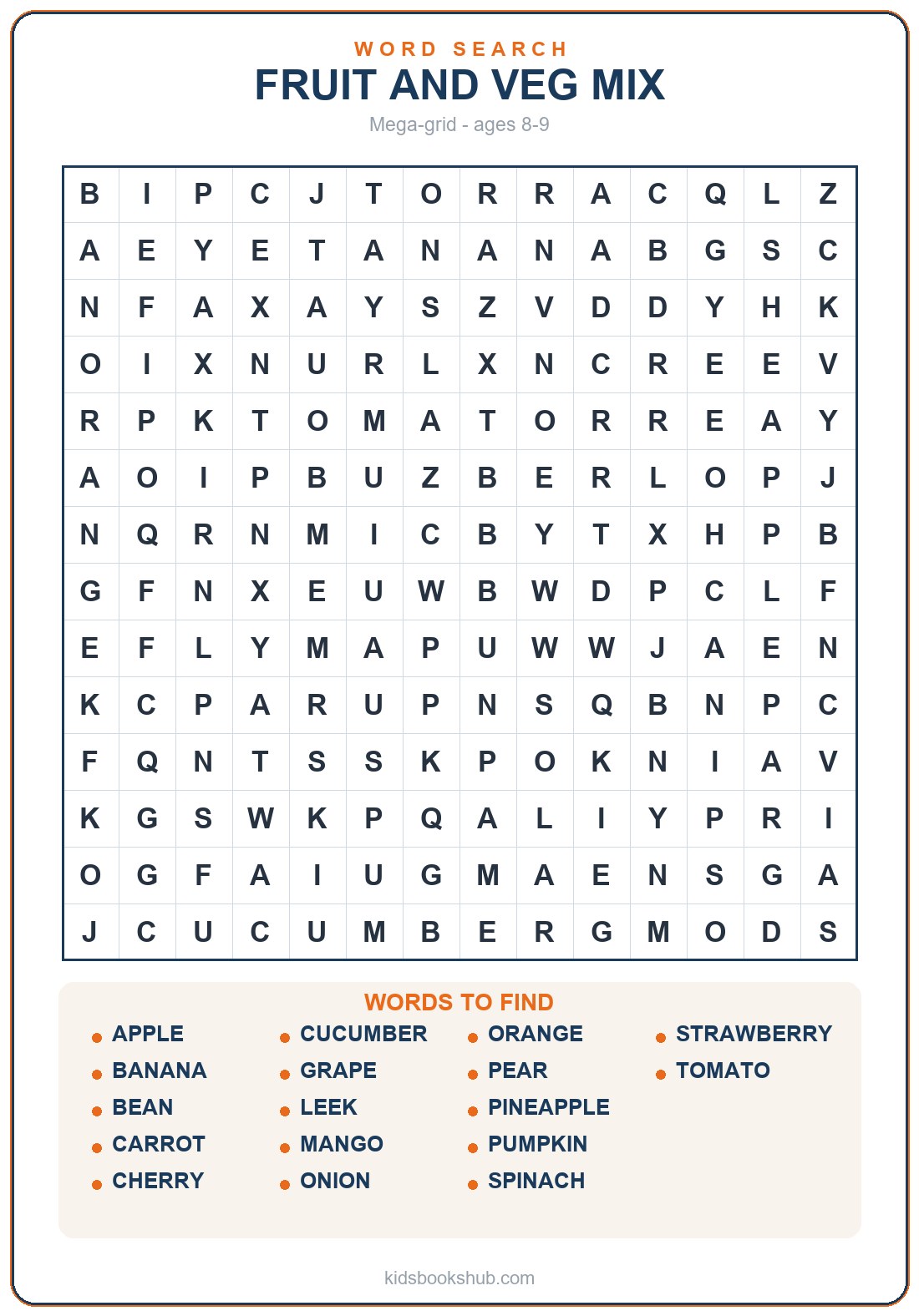 Large printable fruit and vegetable word search grid (17 words)