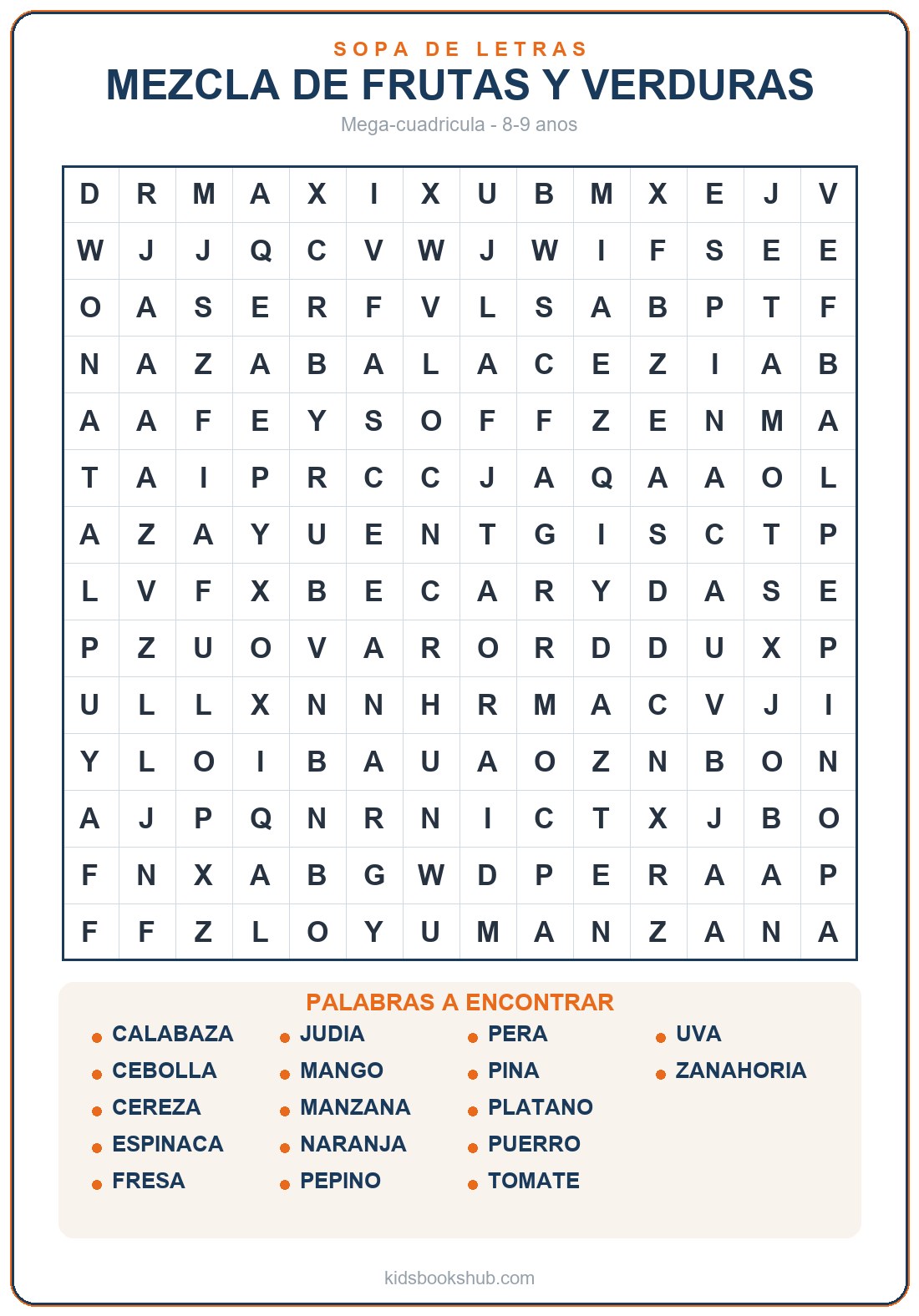 Gran sopa de letras de frutas y verduras para imprimir (17 palabras)