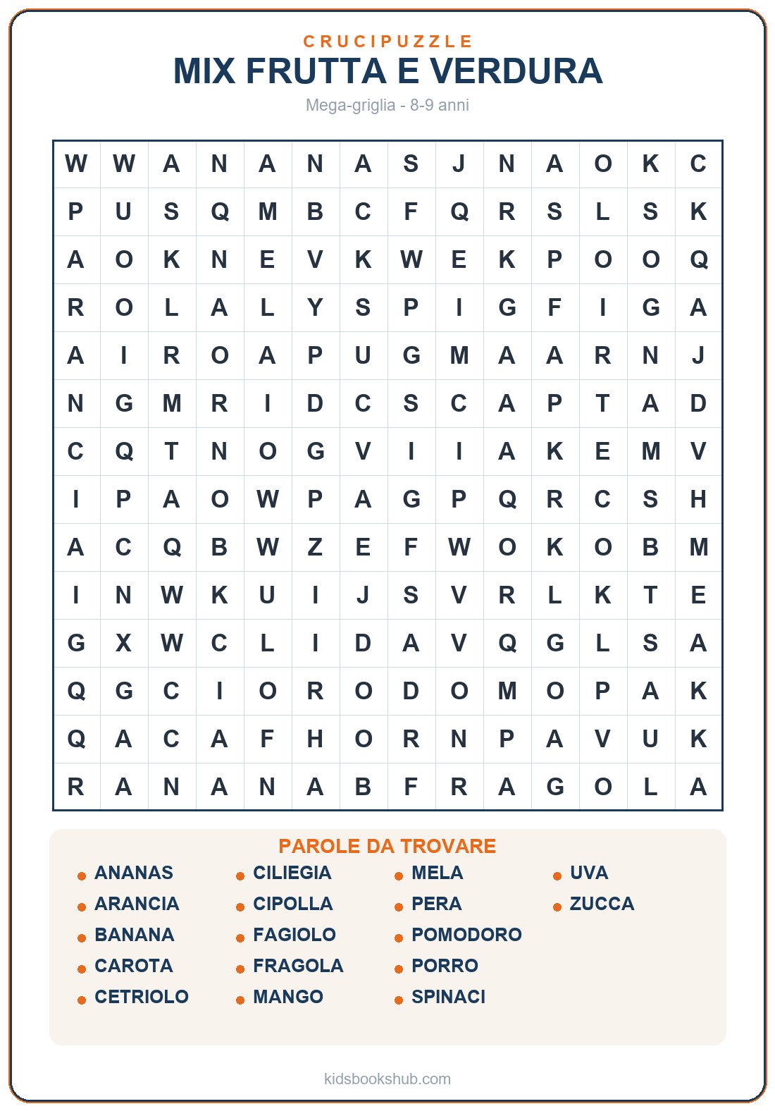 Grande crucipuzzle di frutta e verdura da stampare (17 parole)
