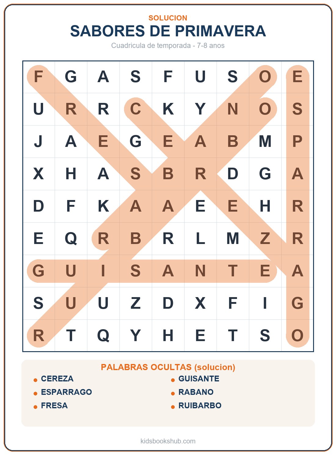 Solución de la sopa de letras de frutas y verduras de primavera