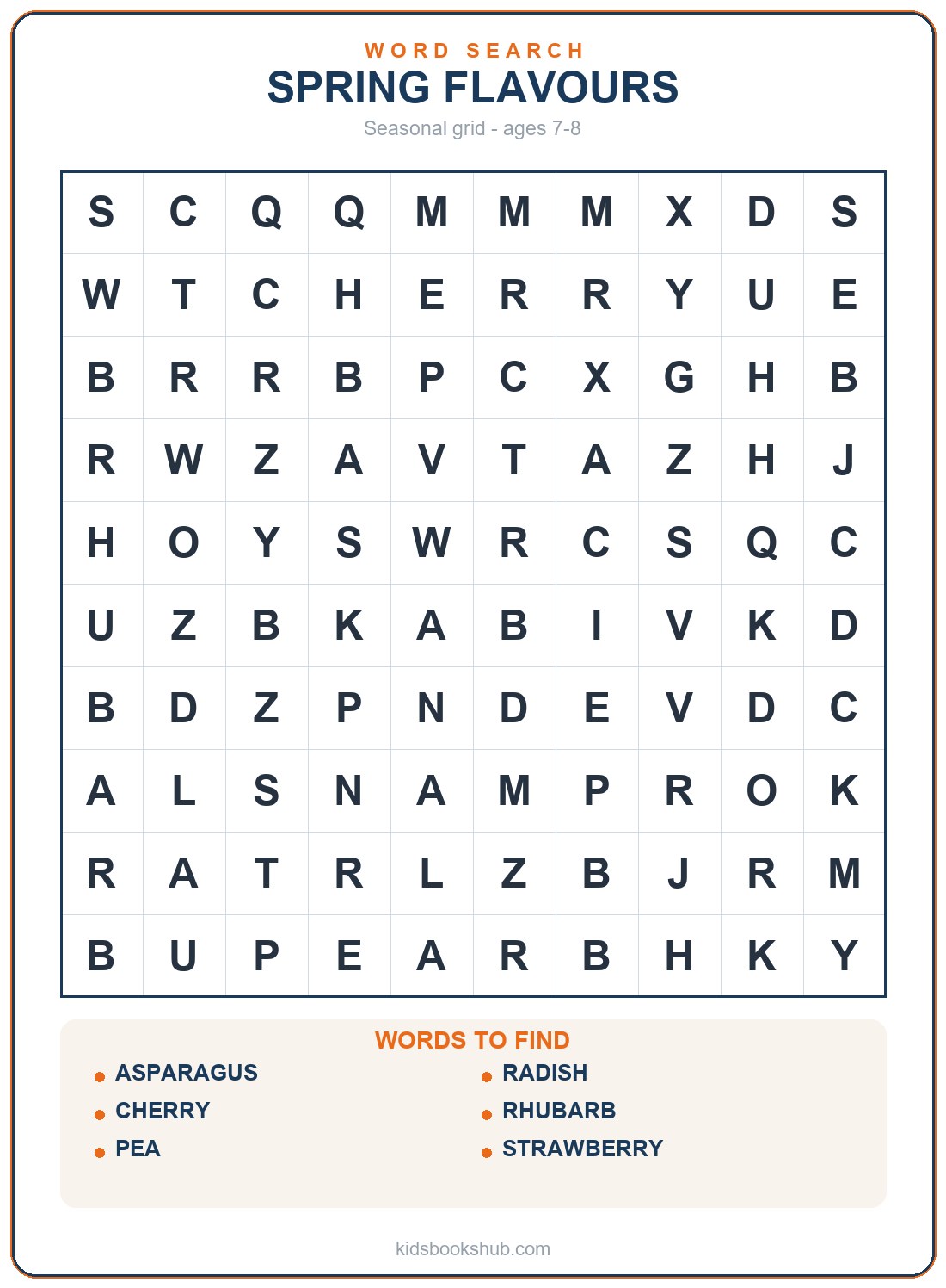 Printable spring fruit and vegetable word search grid