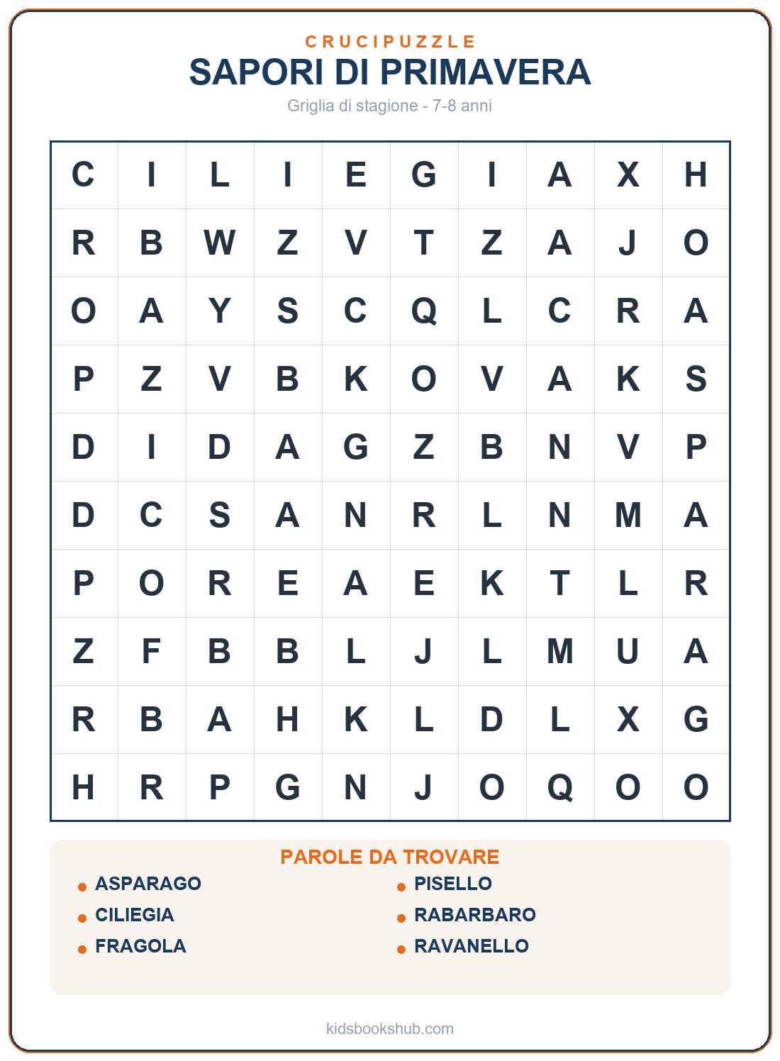 Crucipuzzle della frutta e verdura di primavera da stampare
