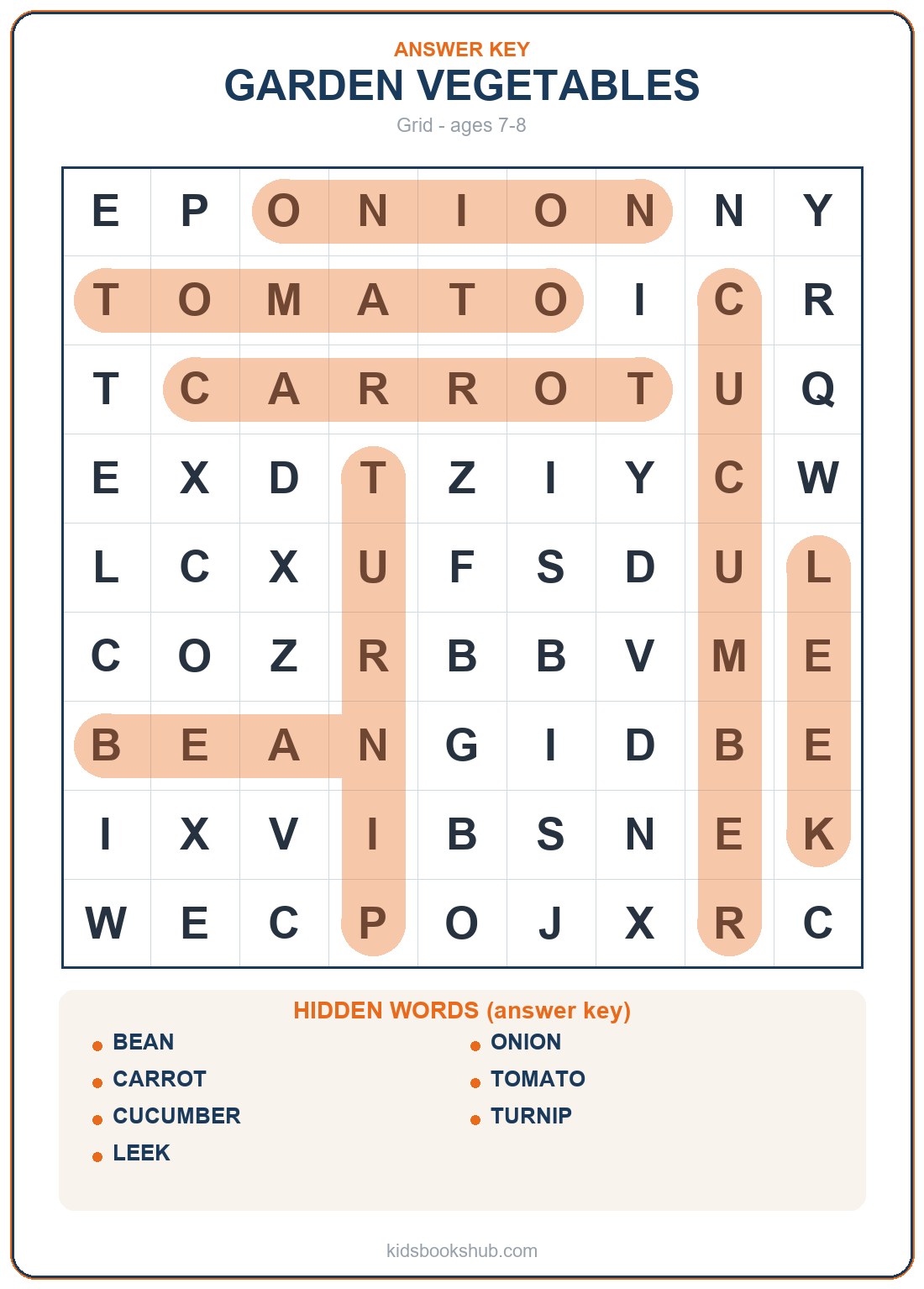 Garden vegetable word search answer key