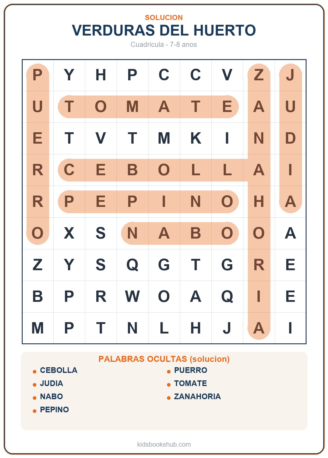 Solución de la sopa de letras de verduras del huerto