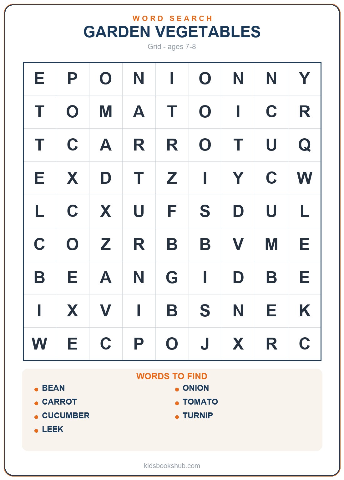 Printable garden vegetable word search grid