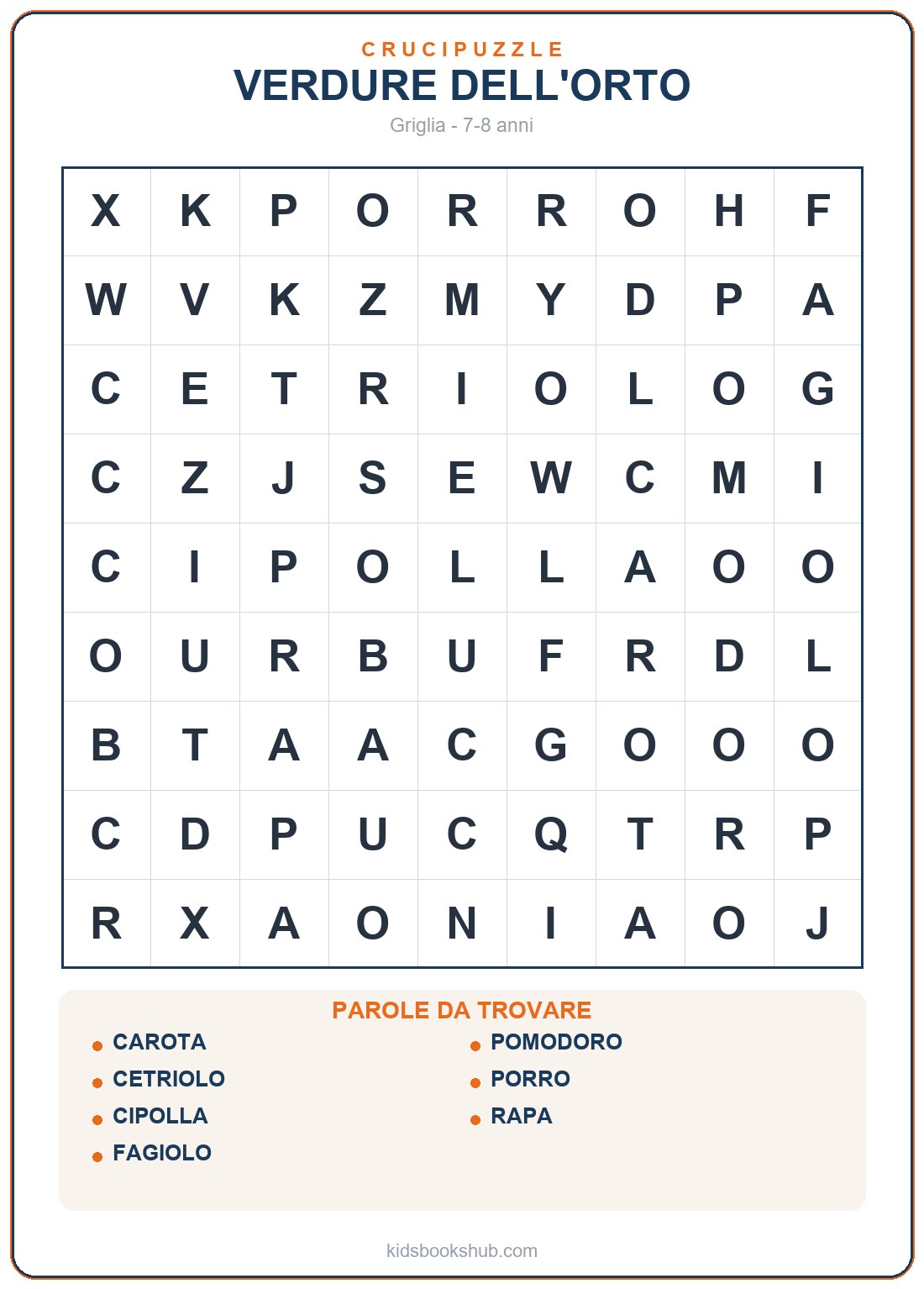 Crucipuzzle delle verdure dell'orto da stampare