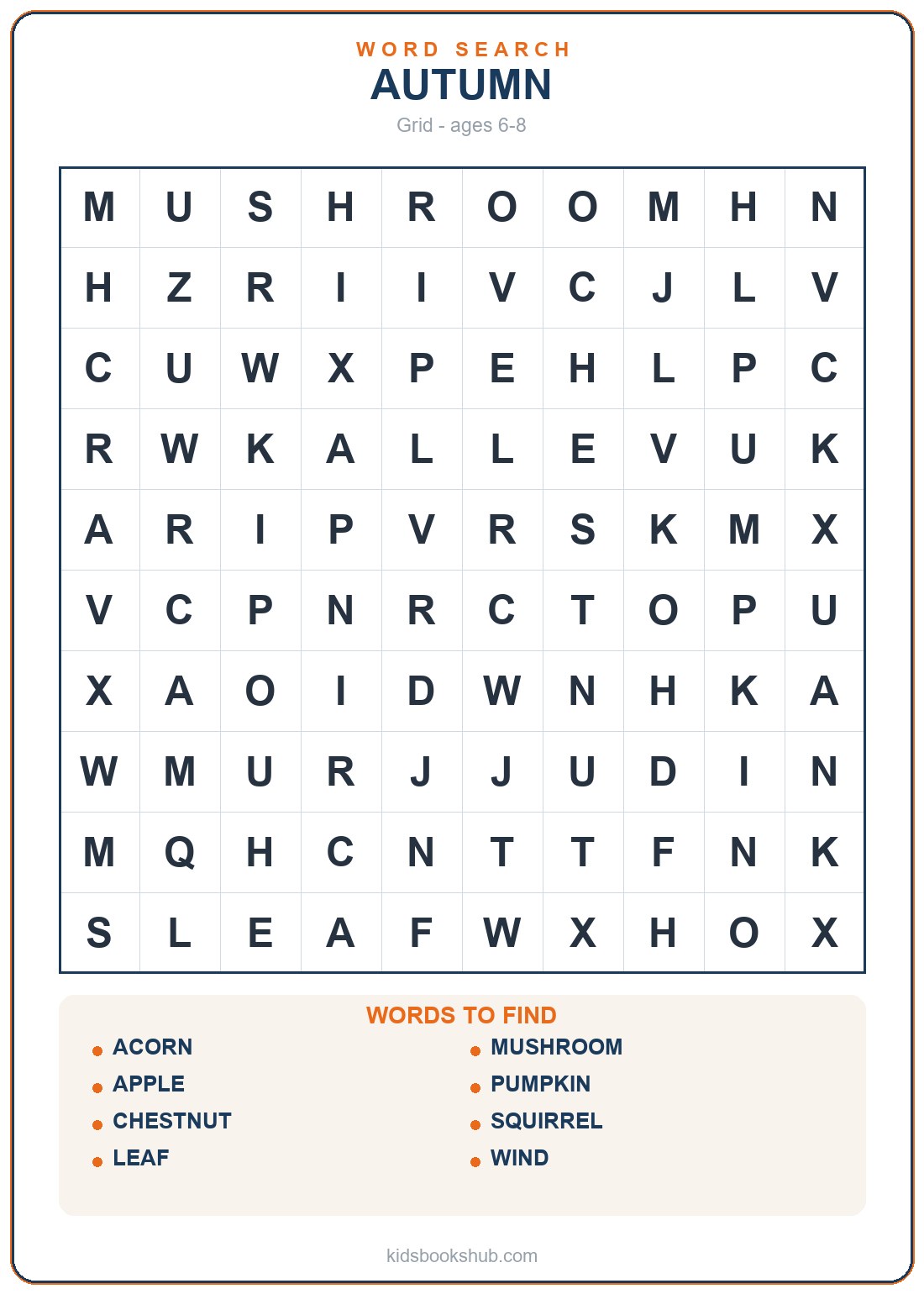 Printable autumn word search grid for children