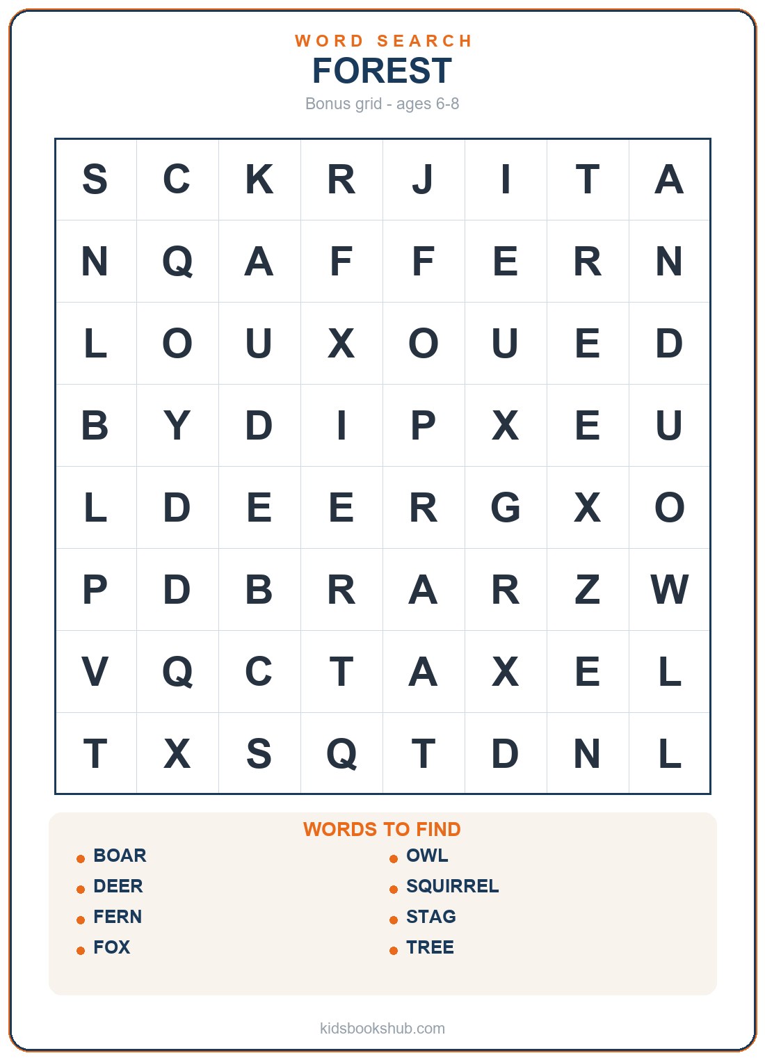 Printable forest word search grid for children