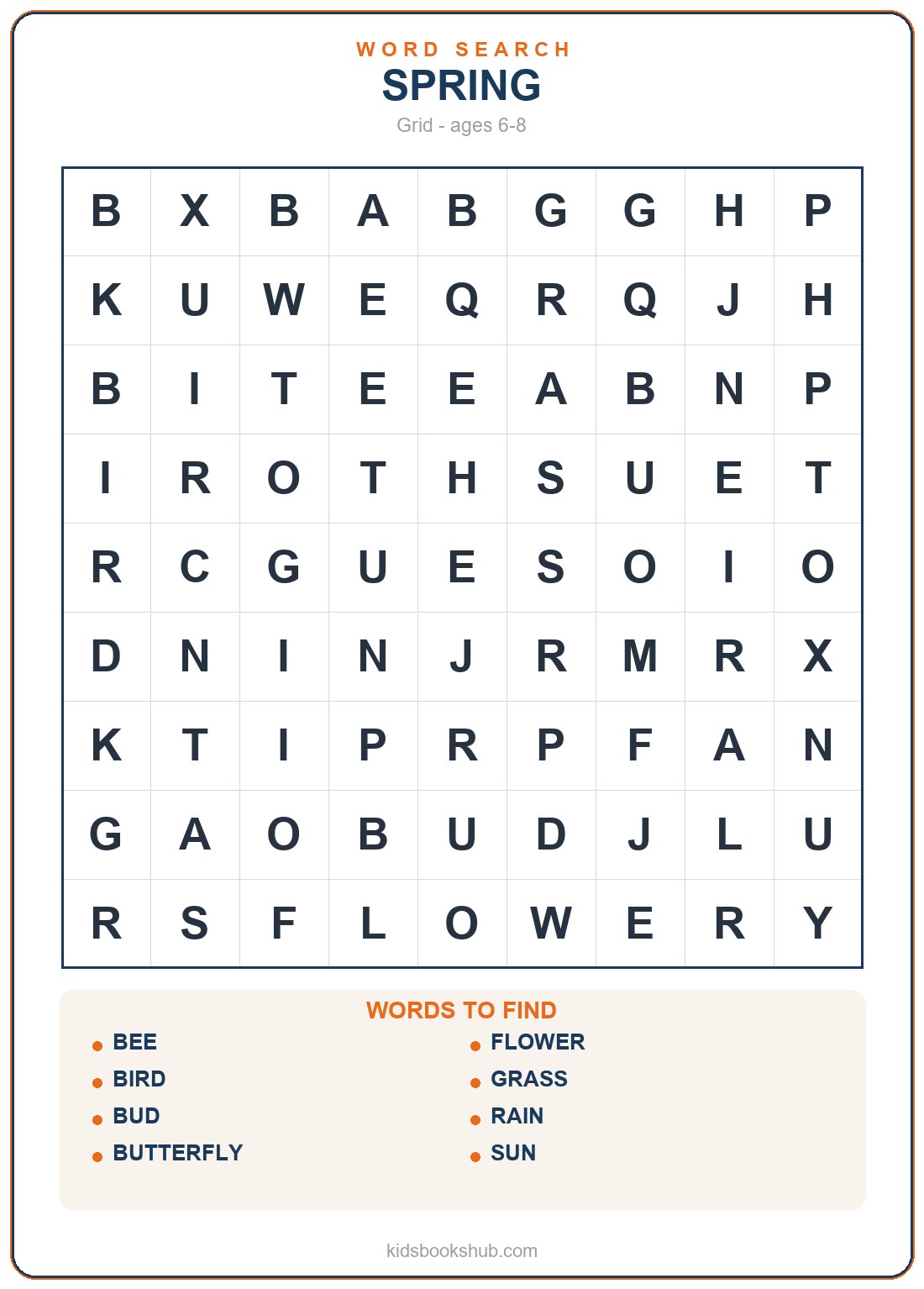 Printable spring word search grid