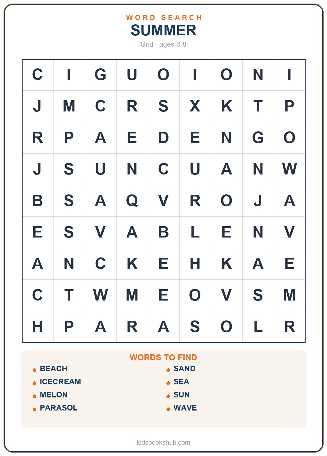 Printable summer word search grid for children