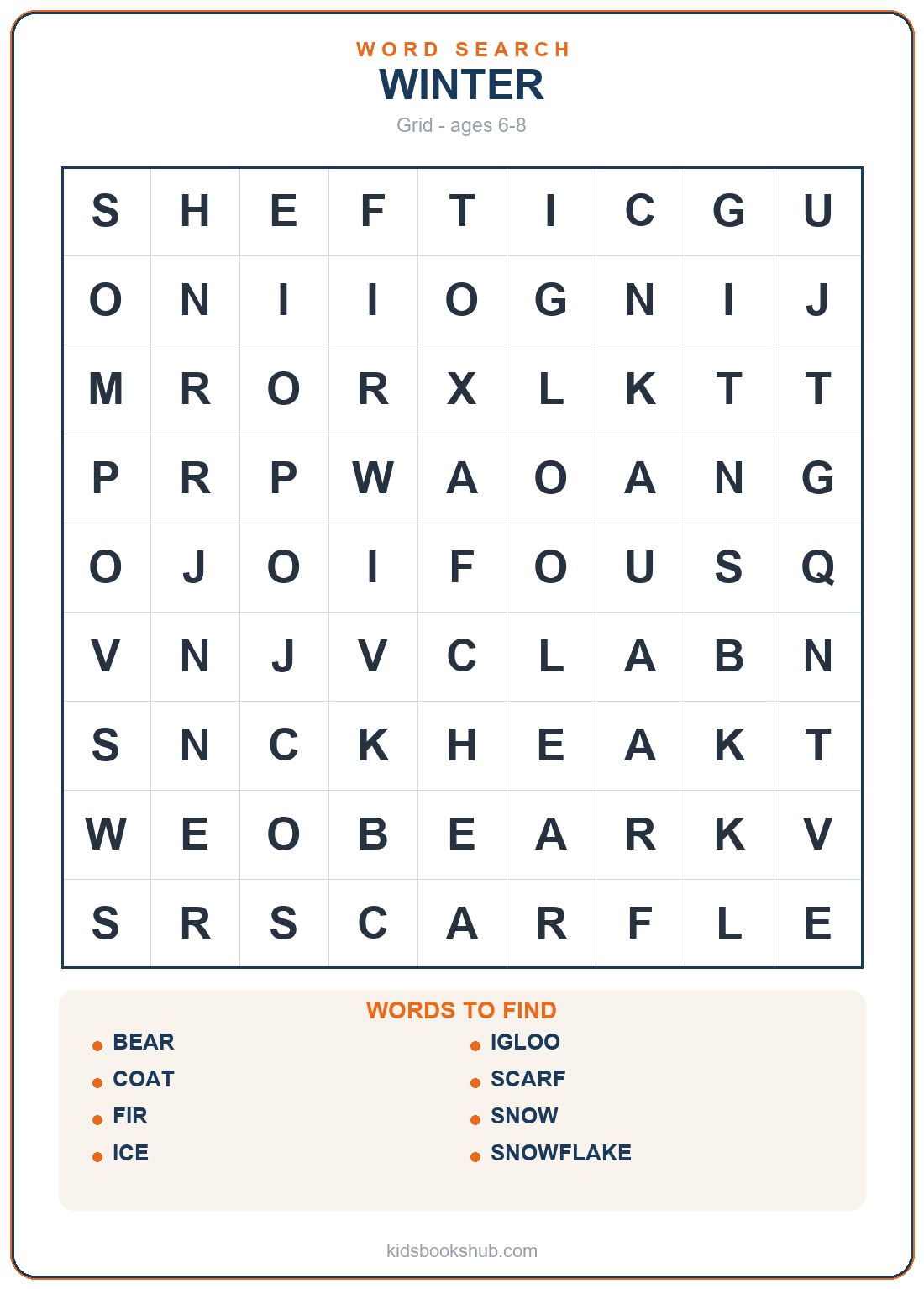 Printable winter word search grid for children