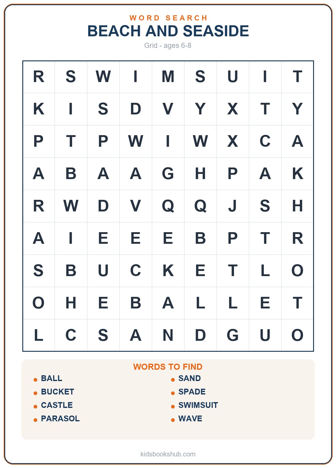 Printable beach word search for children