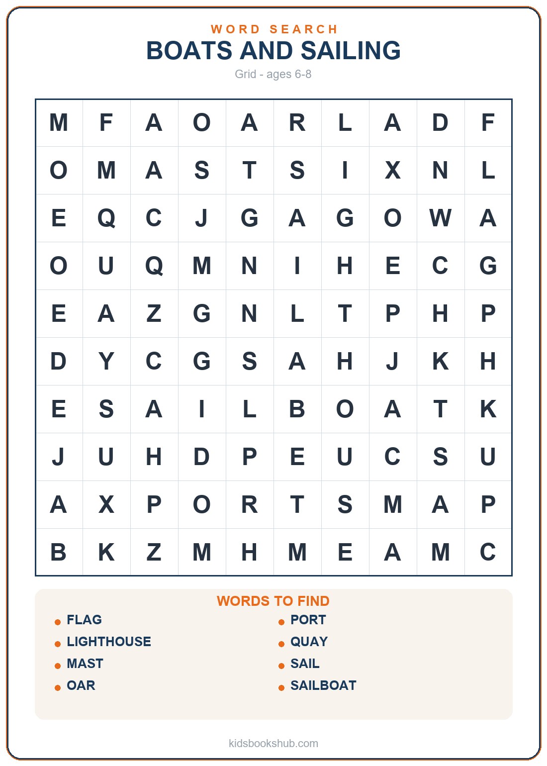 Printable boats and sailing word search for children