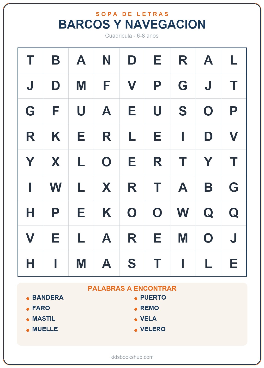 Sopa de letras de barcos y navegación para imprimir para niños