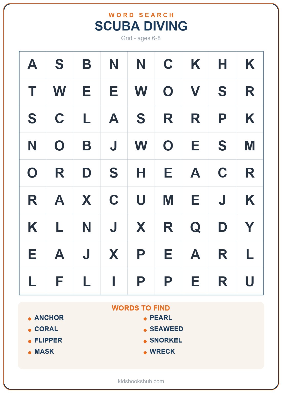 Printable scuba diving word search for children