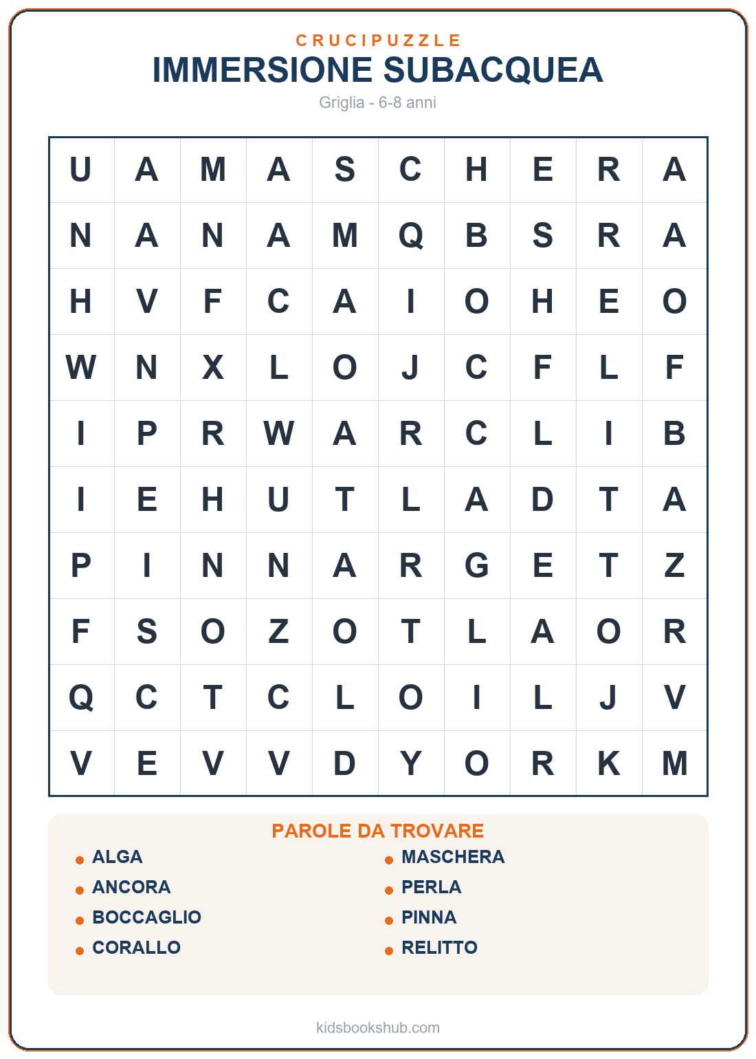Crucipuzzle dell'immersione subacquea da stampare per bambini